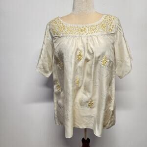 Sundance Embroidered Peasant Blouse Size L Cream Pleated Flowy Sleeve 100% Silk